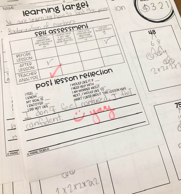 learning target ticket where students can self assess while they work