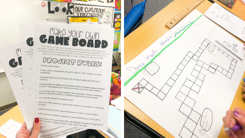 board game directions and picture of a board game made by students