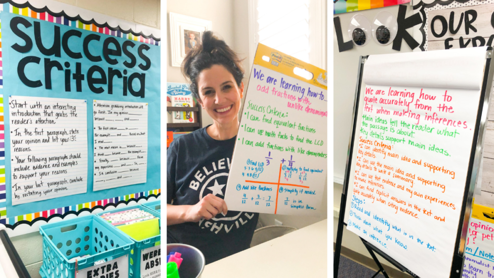 three pictures of success criteria. The first picture shows a success criteria bulletin board. In the second picture, Marine is holding an anchor chart, and in the third picture, there's a target response.