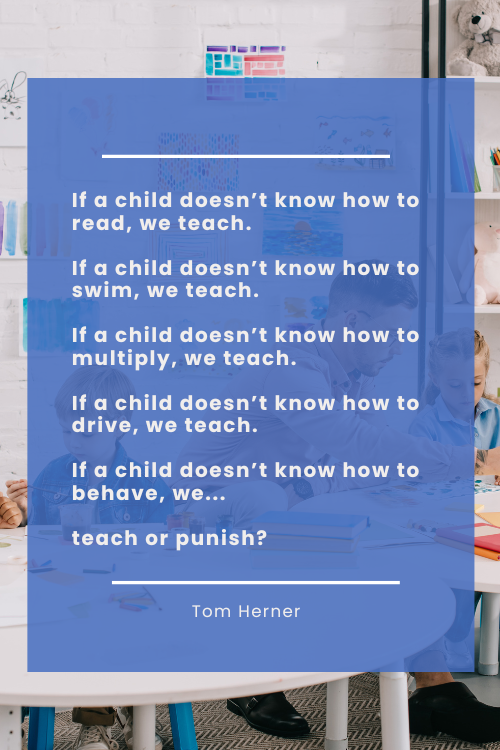 A quote by Tom Herner that reads: If a child doesn’t know how to read, we teach. If a child doesn’t know how to swim, we teach. If a child doesn’t know how to multiply, we teach. If a child doesn’t know how to drive, we teach. If a child doesn’t know how to behave, we... teach or punish?
