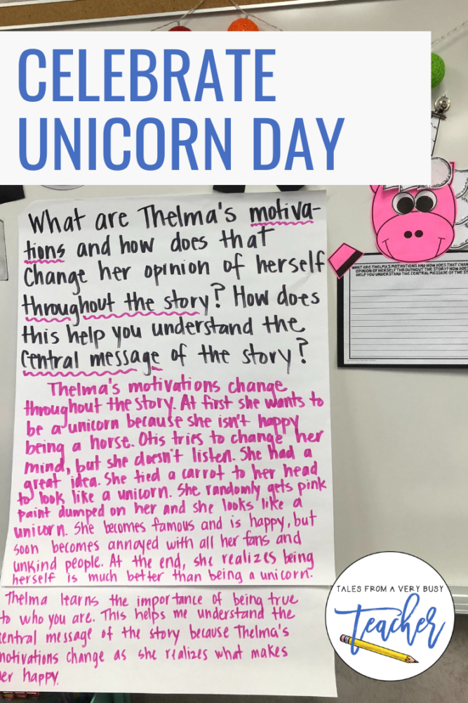 an example of another writing prompt using the story, Thelma the Unicorn, displayed on an anchor chart